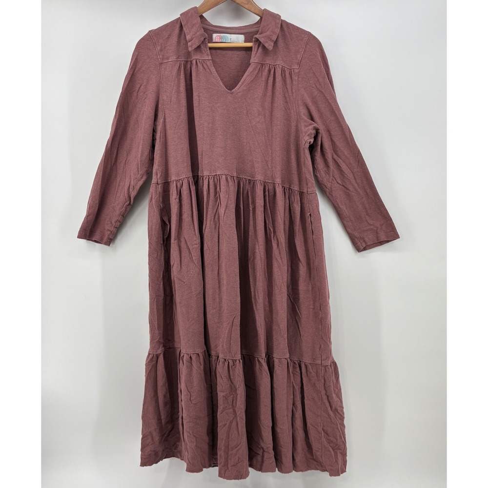 Free People FP Beach Dress Women's XS Mauve Tiered Gauze Midi Long Sleeve V-Neck